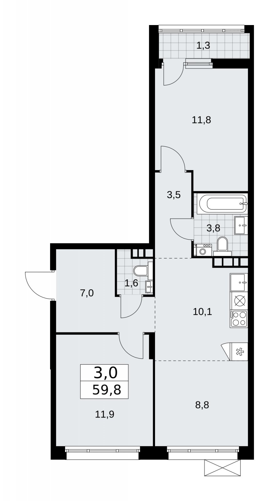 3-комнатная квартира (евро) с частичной отделкой, 59.8 м2, 7 этаж, сдача 2 квартал 2026 г., ЖК Прокшино, корпус 10.1.5 - объявление 2227694 - фото №1