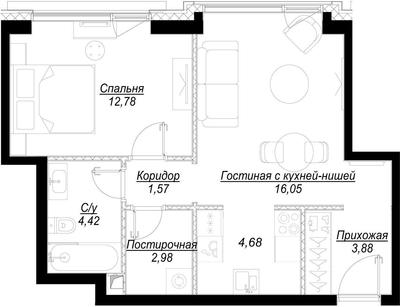 1-комнатная квартира с частичной отделкой, 46.47 м2, 35 этаж, дом сдан, ЖК Hide, корпус RiverSide - объявление 2336078 - фото №1
