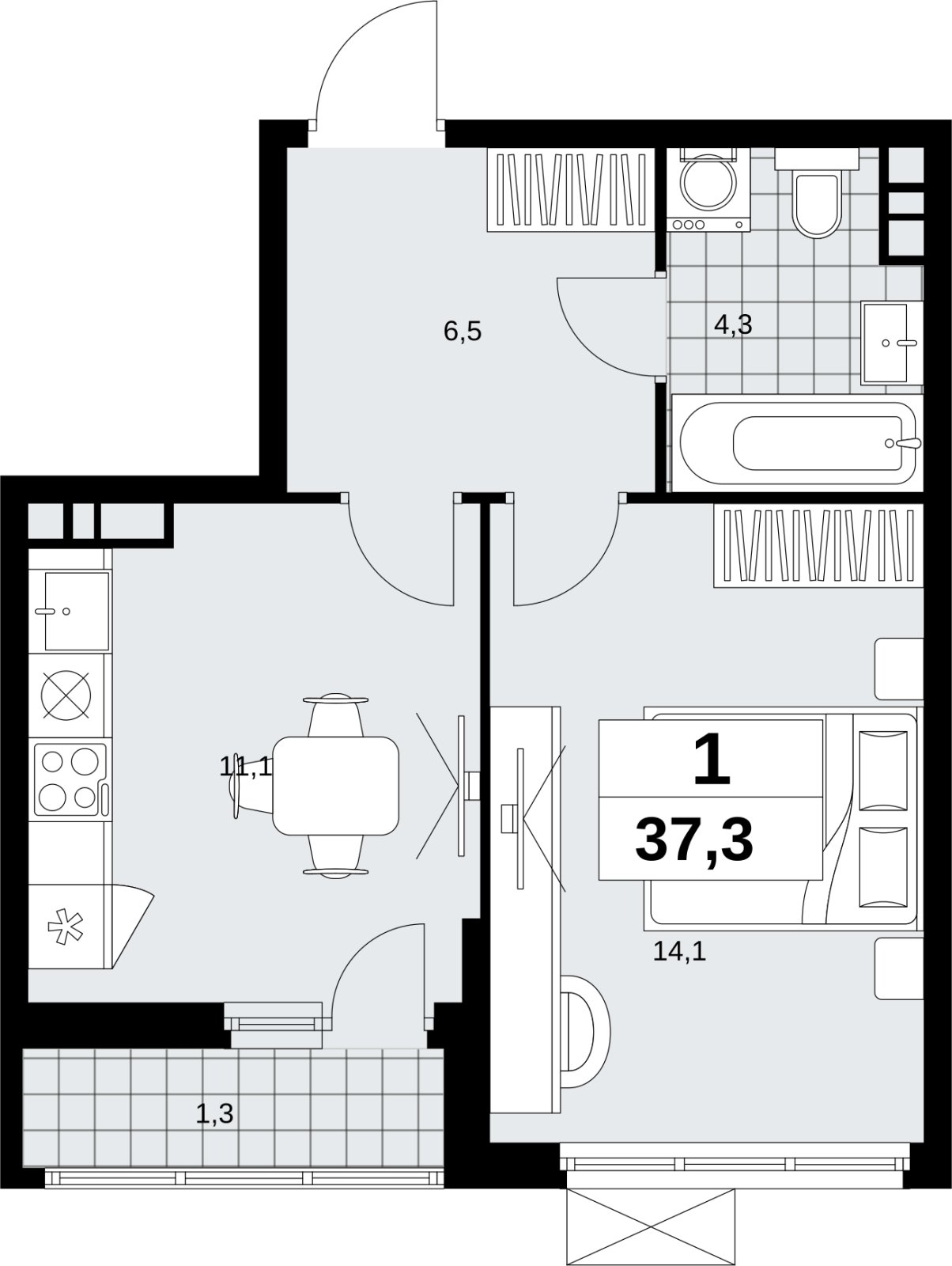 1-комнатная квартира без отделки, 37.3 м2, 5 этаж, сдача 4 квартал 2026 г., ЖК Скандинавия, корпус 2.18.2.4 - объявление 2351537 - фото №1