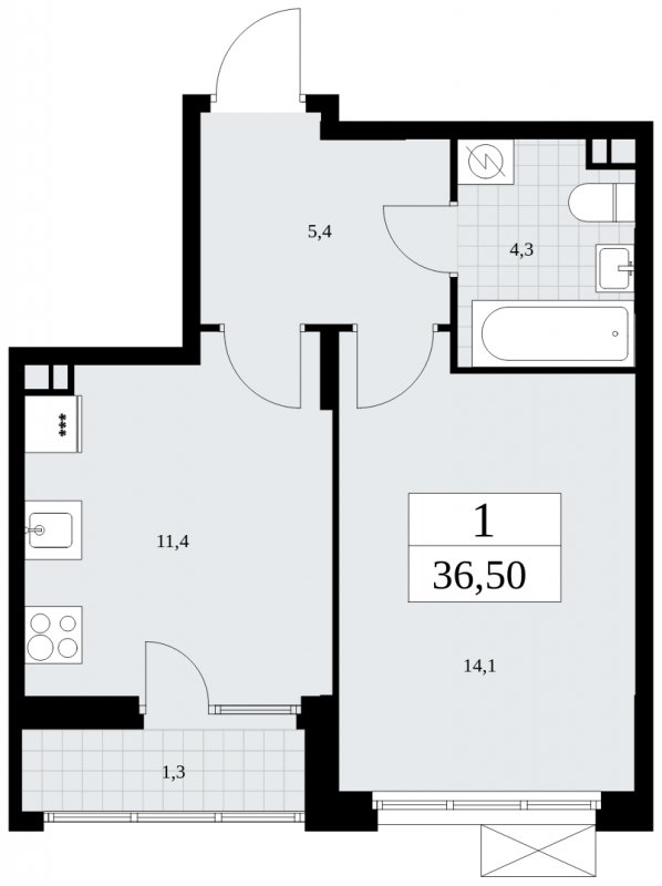 1-комнатная квартира без отделки, 36.5 м2, 3 этаж, сдача 4 квартал 2024 г., ЖК Бунинские кварталы, корпус 2.4 - объявление 1882591 - фото №1