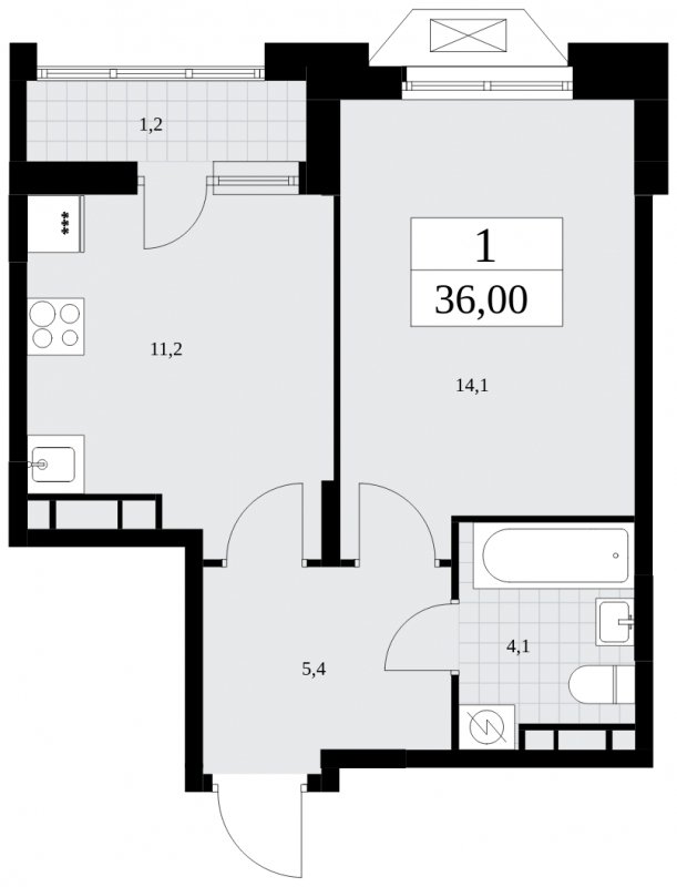 1-комнатная квартира без отделки, 36 м2, 14 этаж, сдача 1 квартал 2025 г., ЖК Бунинские кварталы, корпус 1.3 - объявление 1834824 - фото №1