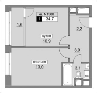 1-комнатная квартира без отделки, 34.8 м2, 5 этаж, сдача 4 квартал 2022 г., ЖК Румянцево-Парк, корпус 3 - объявление 1933336 - фото №1