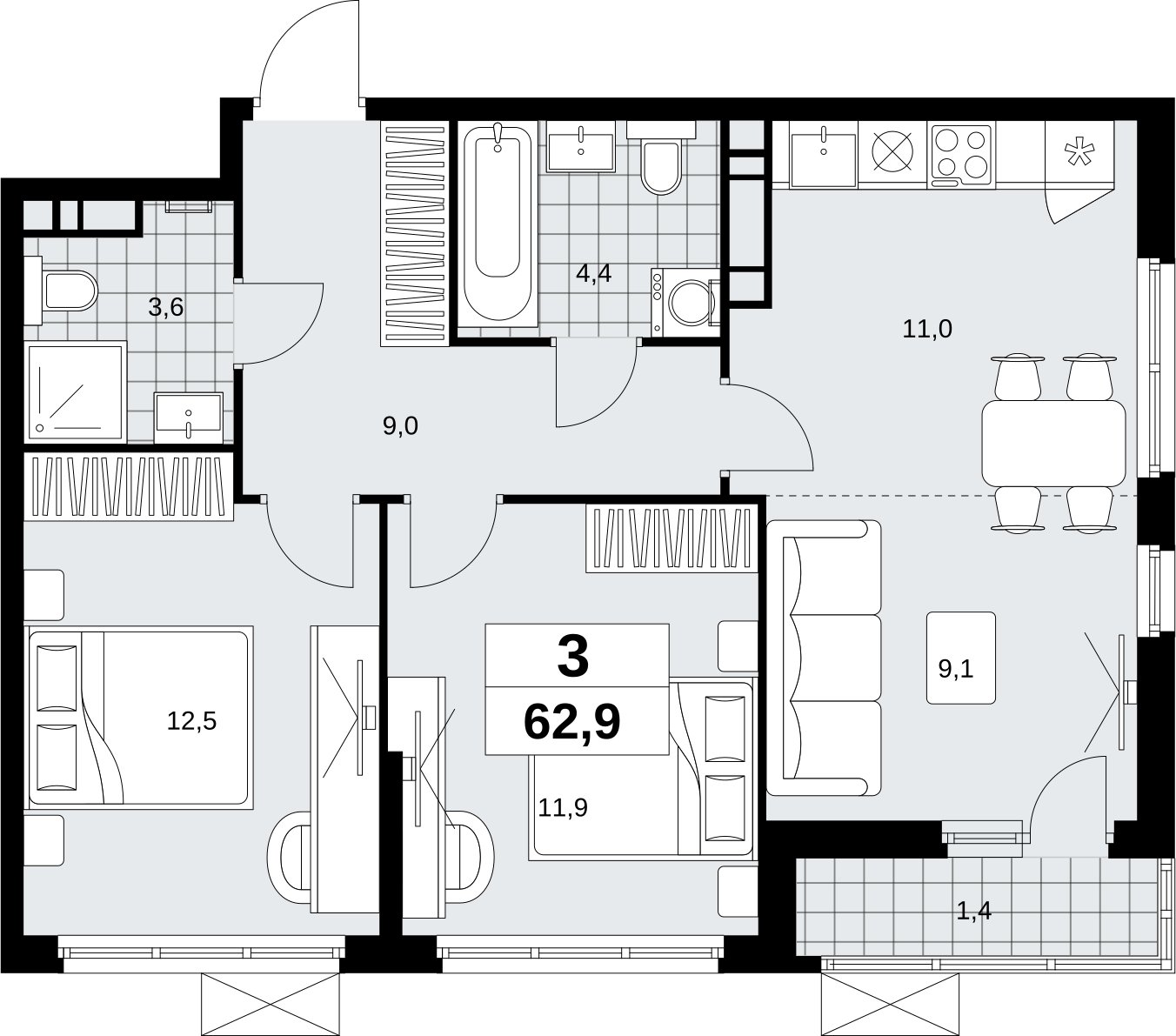 3-комнатная квартира (евро) без отделки, 62.9 м2, 12 этаж, сдача 4 квартал 2026 г., ЖК Скандинавия, корпус 2.18.2.5 - объявление 2351697 - фото №1