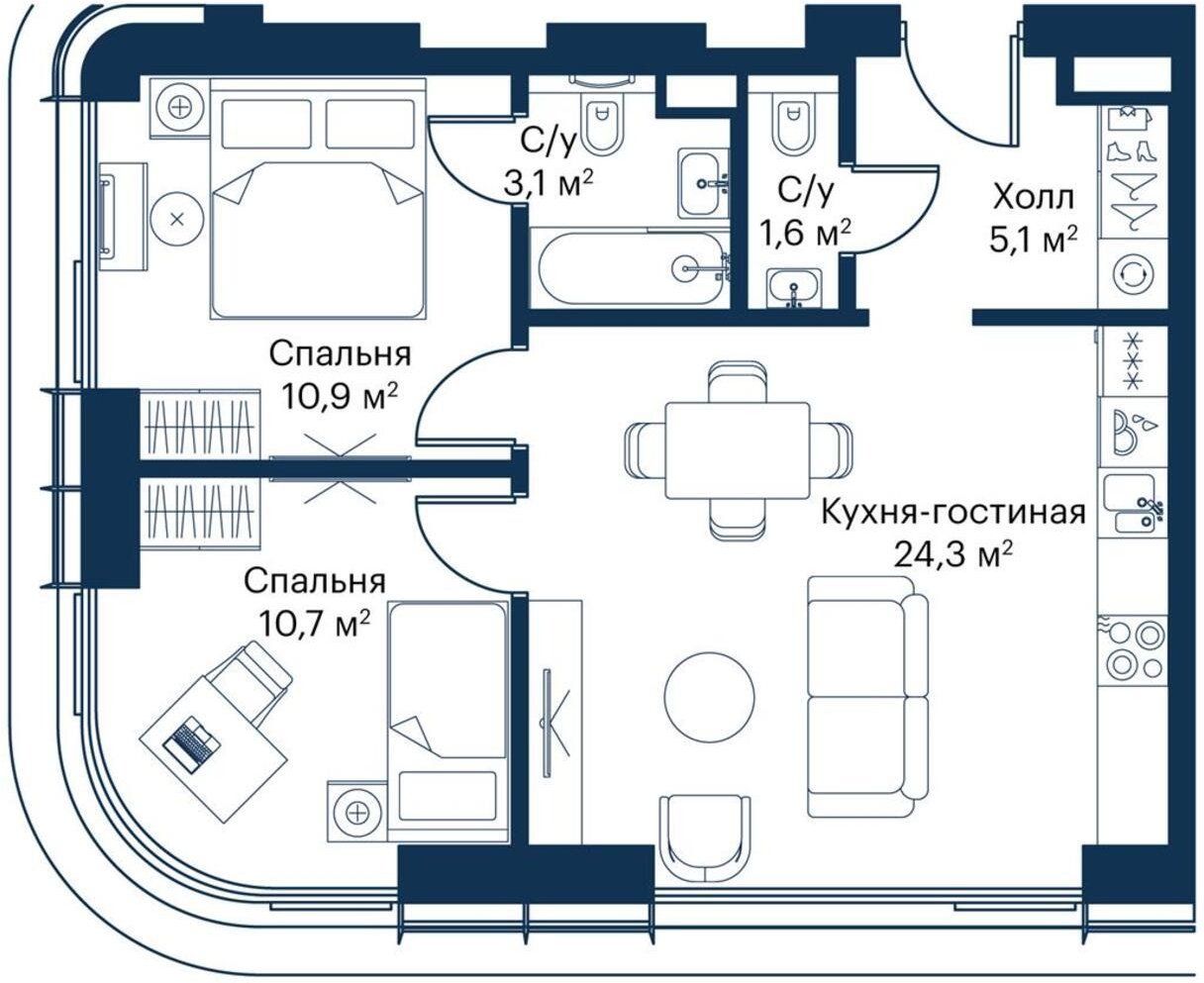 2-комнатная квартира с частичной отделкой, 55.2 м2, 2 этаж, дом сдан, ЖК City Bay, корпус Atlantic Ocean 1 - объявление 2259358 - фото №1