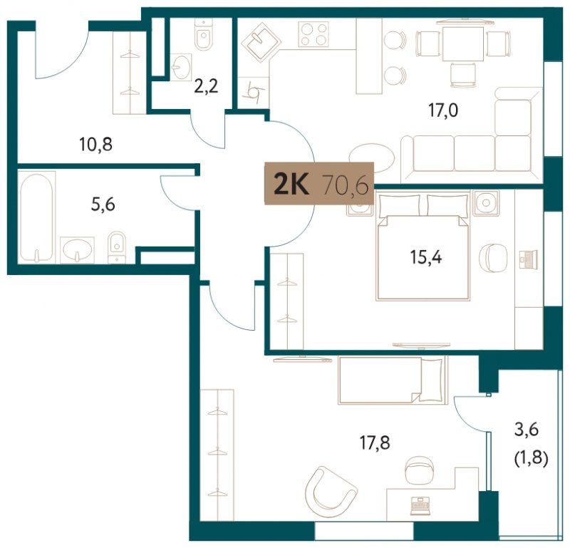 2-комнатная квартира 70.6 м2, 8 этаж, сдача 4 квартал 2022 г., ЖК Настоящее, корпус 2 - объявление 1711321 - фото №1