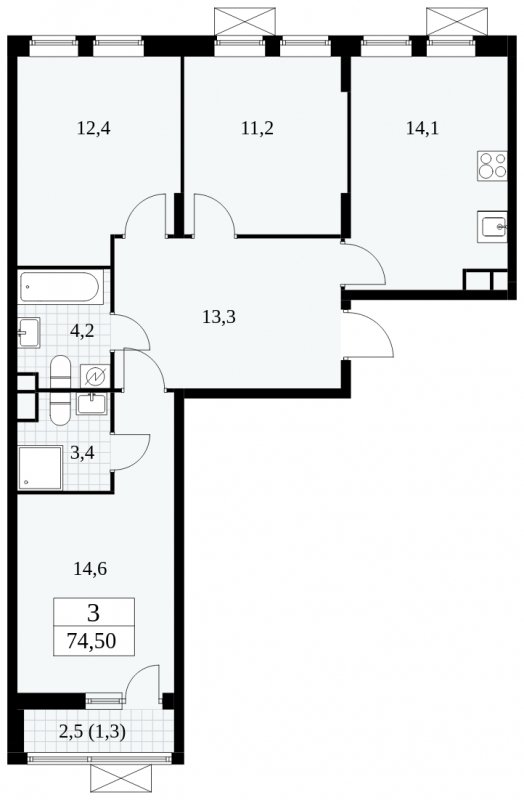 3-комнатная квартира без отделки, 74.5 м2, 5 этаж, сдача 1 квартал 2025 г., ЖК Прокшино, корпус 5.1.3 - объявление 1810602 - фото №1