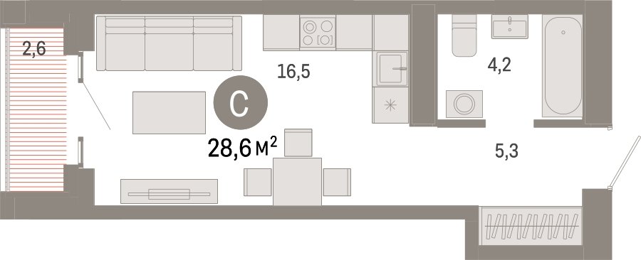 Студия с частичной отделкой, 28.6 м2, 16 этаж, сдача 3 квартал 2026 г., ЖК Квартал Метроном, корпус 1 - объявление 2300681 - фото №1
