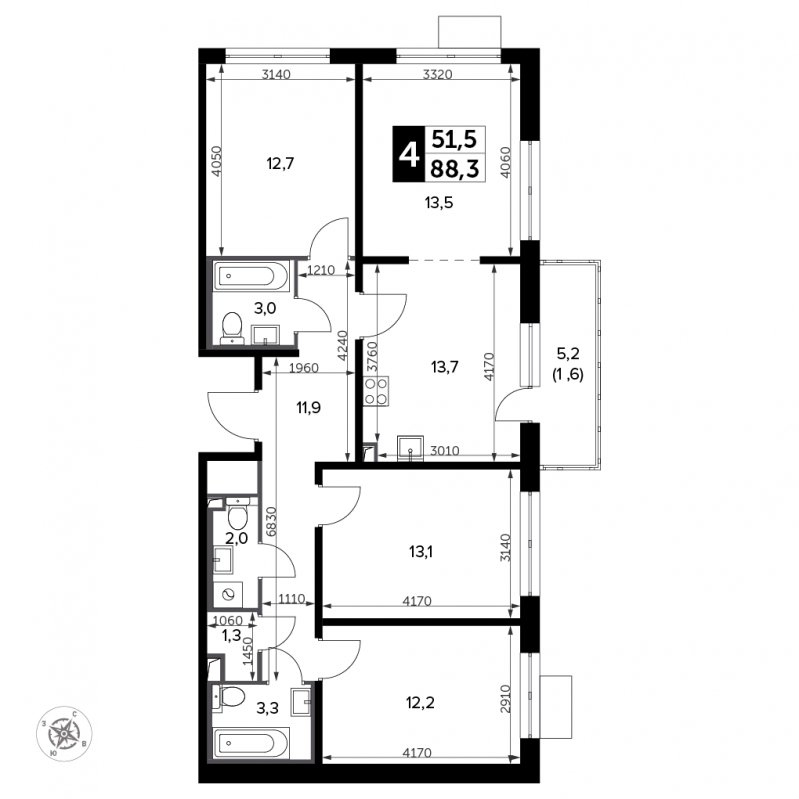 4-комнатная квартира с частичной отделкой, 88.3 м2, 15 этаж, сдача 3 квартал 2023 г., ЖК Южная Битца, корпус 12 - объявление 1947076 - фото №1