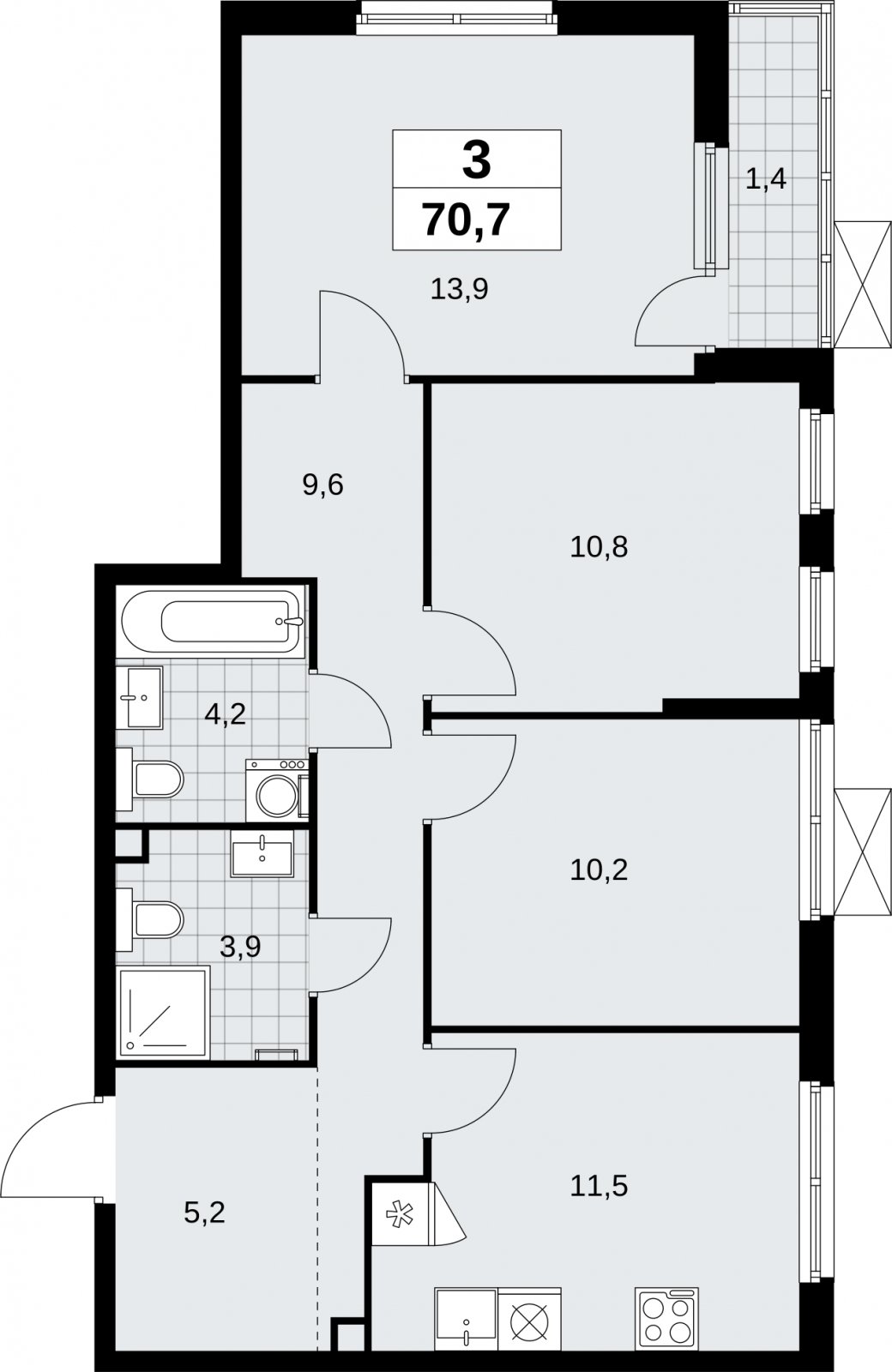 3-комнатная квартира без отделки, 70.7 м2, 2 этаж, сдача 1 квартал 2026 г., ЖК Дзен-кварталы, корпус 6.2.1 - объявление 2328345 - фото №1