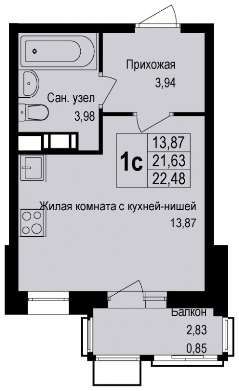 Студия без отделки, 22.52 м2, 3 этаж, дом сдан, ЖК Новая Щербинка, корпус 13 - объявление 1631267 - фото №1