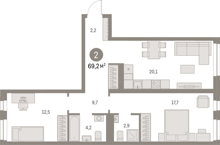 2-комнатная квартира с частичной отделкой, 69.17 м2, 2 этаж, сдача 1 квартал 2025 г., ЖК Первый квартал, корпус Дом 5 - объявление 2281456 - фото №1