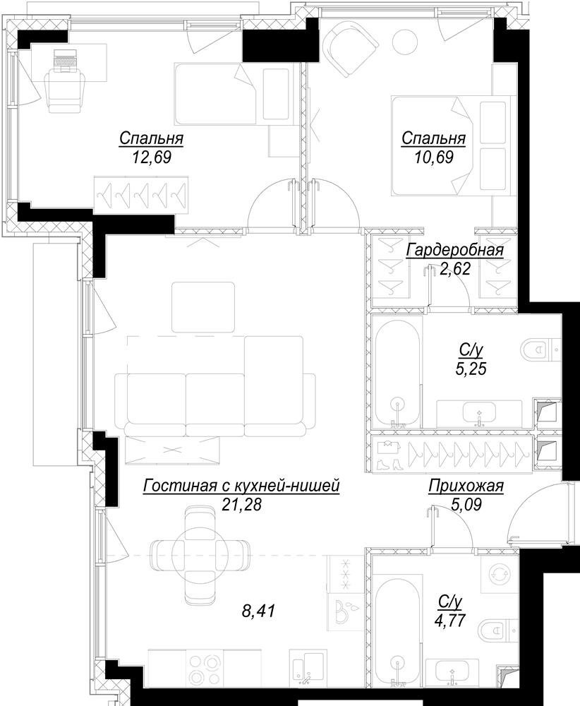 2-комнатная квартира с частичной отделкой, 71.03 м2, 14 этаж, дом сдан, ЖК Hide, корпус RiverSide - объявление 2336137 - фото №1