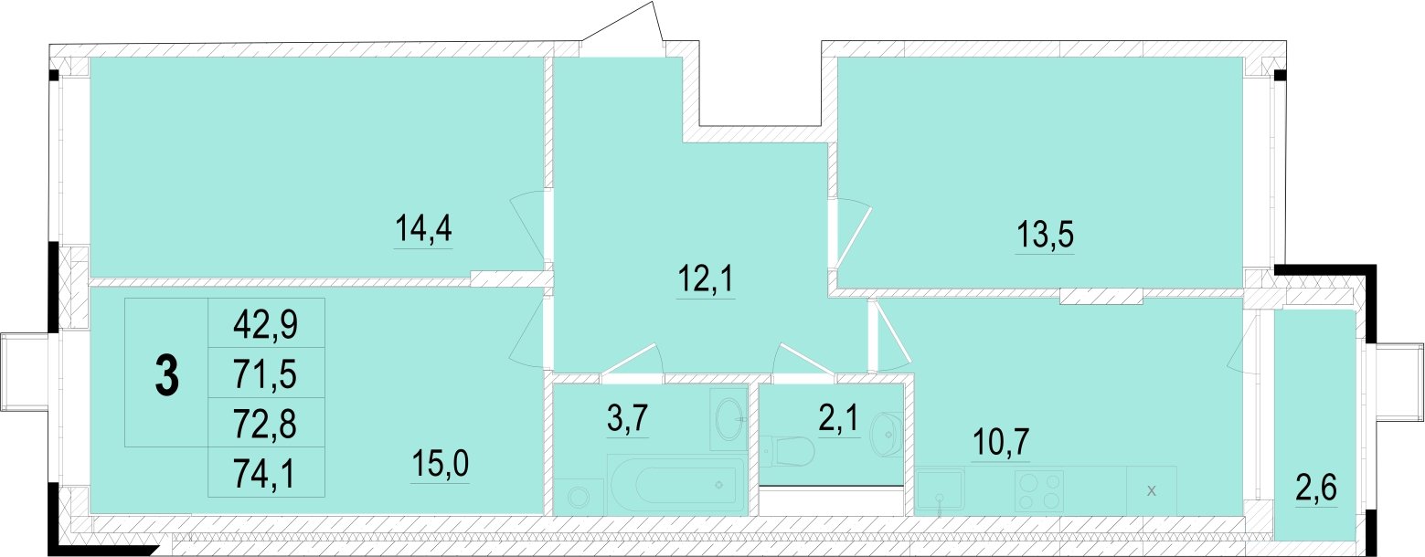 3-комнатная квартира без отделки, 71.9 м2, 2 этаж, сдача 1 квартал 2024 г., ЖК Отрадный, корпус 4 - объявление 2110893 - фото №1