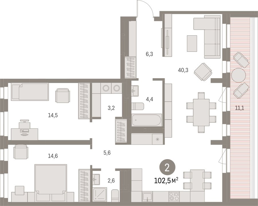 2-комнатная квартира с частичной отделкой, 102.5 м2, 6 этаж, сдача 1 квартал 2025 г., ЖК Первый квартал, корпус 5 - объявление 2310595 - фото №1