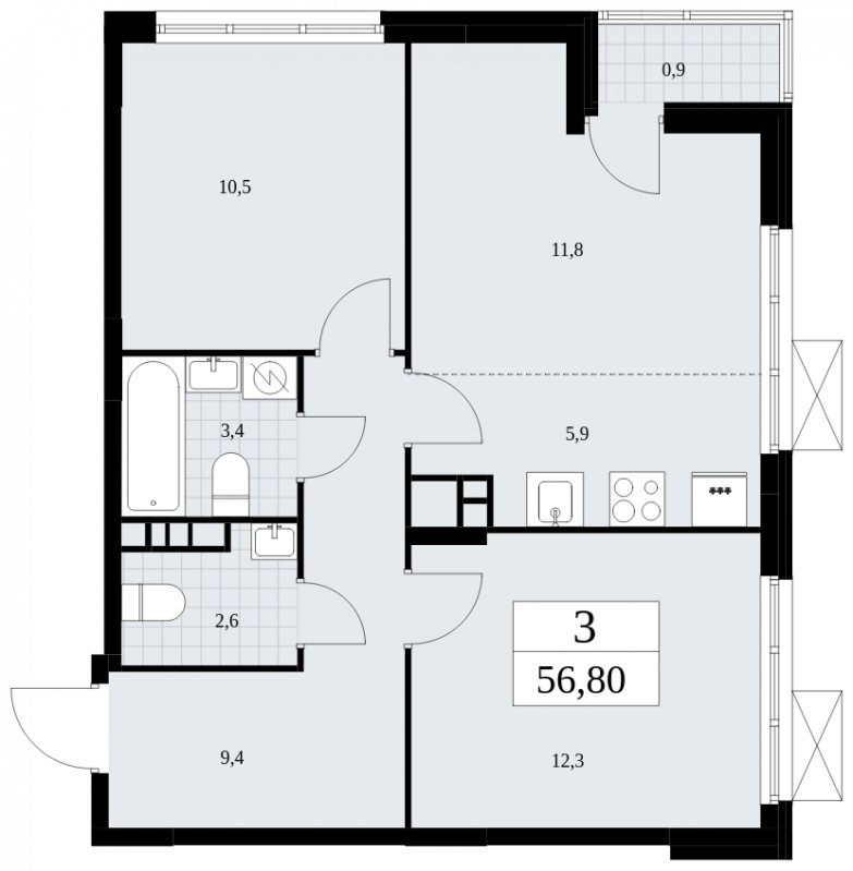3-комнатная квартира (евро) без отделки, 56.8 м2, 7 этаж, сдача 4 квартал 2024 г., ЖК Скандинавия, корпус 35.2.2 - объявление 1841152 - фото №1