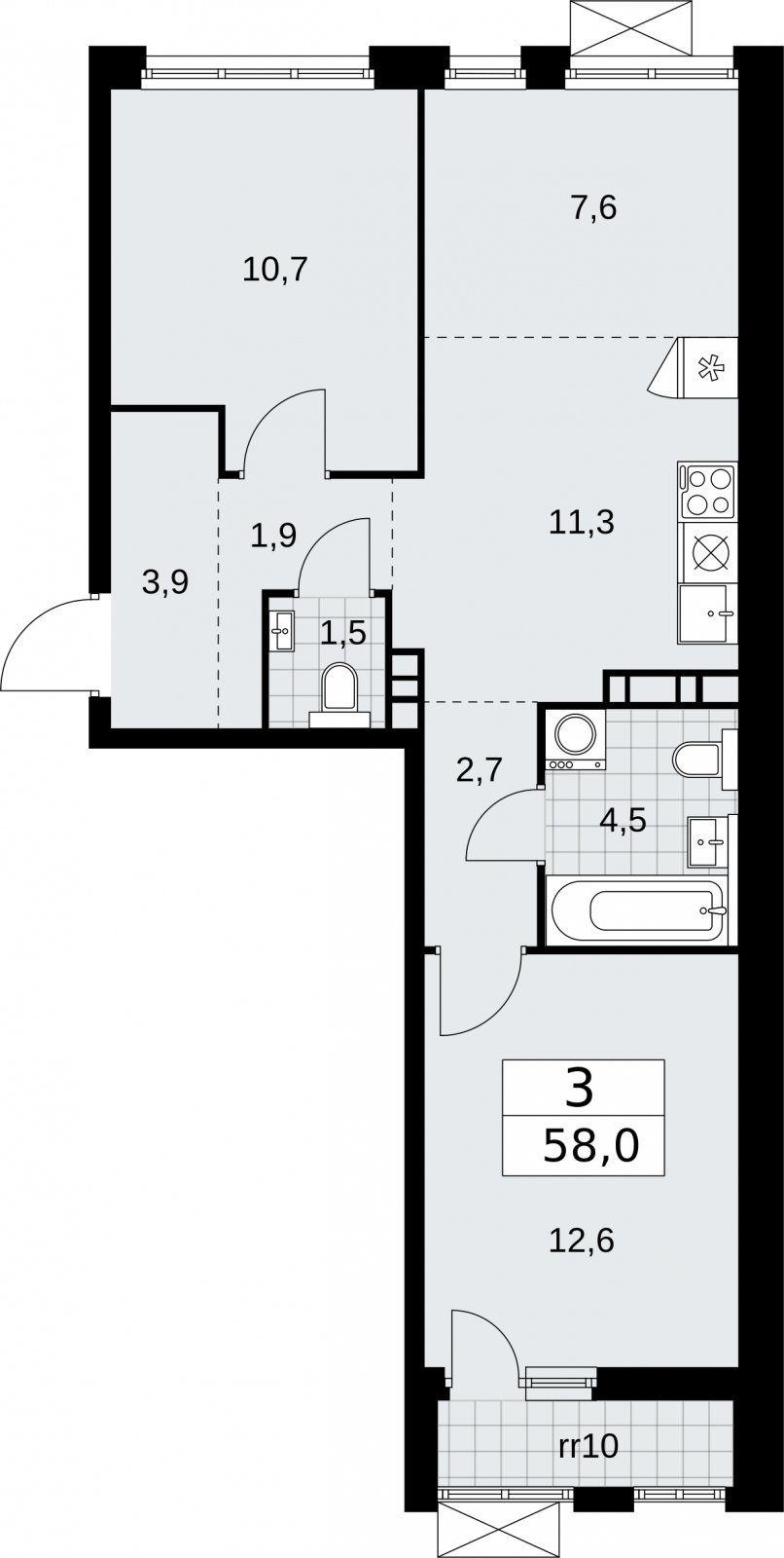 3-комнатная квартира (евро) без отделки, 58 м2, 6 этаж, сдача 2 квартал 2026 г., ЖК Бунинские кварталы, корпус 5.4 - объявление 2297691 - фото №1