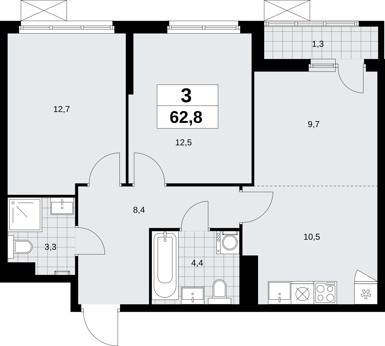 3-комнатная квартира (евро) без отделки, 62.8 м2, 11 этаж, сдача 1 квартал 2026 г., ЖК Дзен-кварталы, корпус 6.2.1 - объявление 2328564 - фото №1