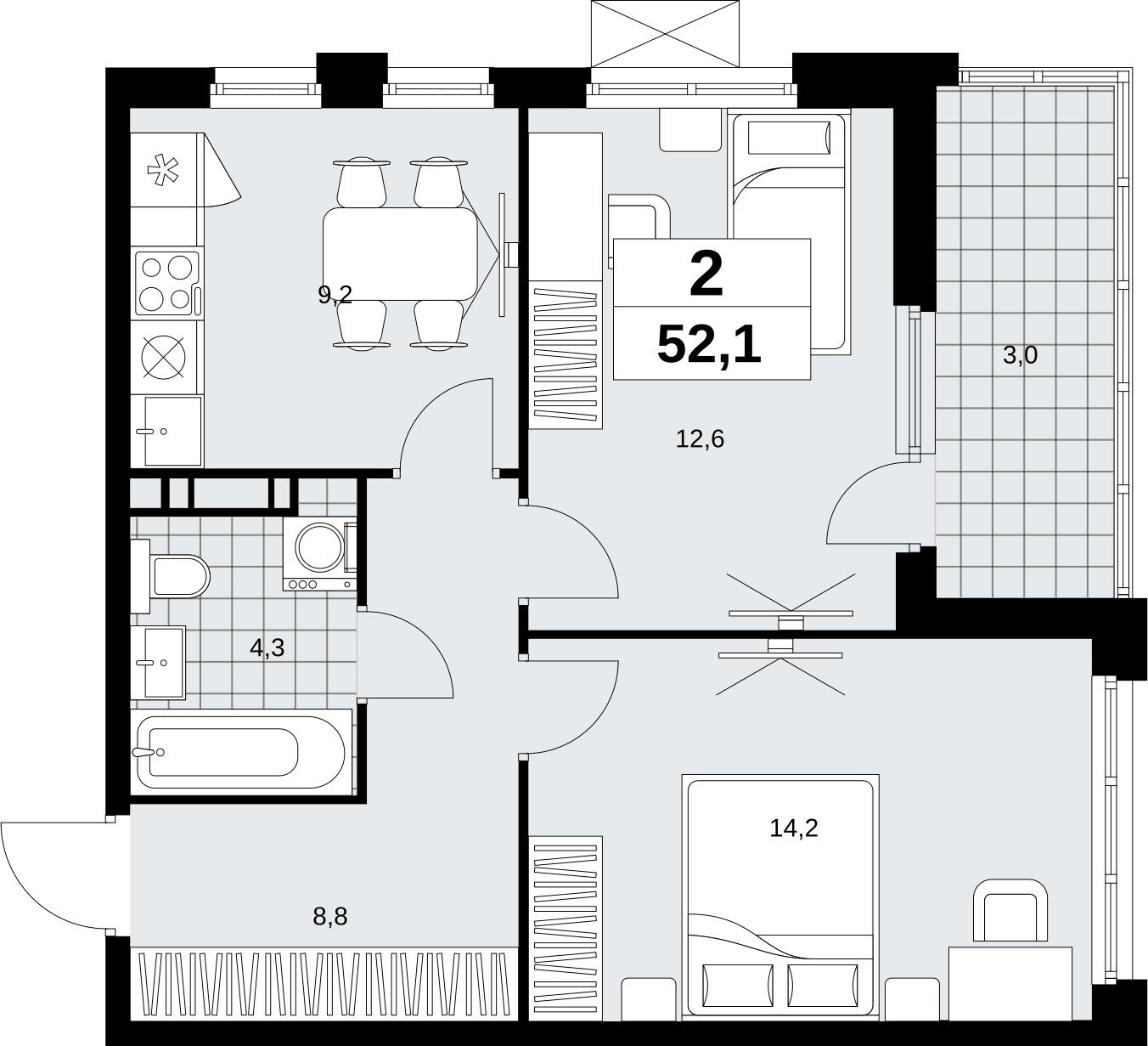 2-комнатная квартира без отделки, 52.1 м2, 16 этаж, сдача 4 квартал 2026 г., ЖК Скандинавия, корпус 2.18.2.6 - объявление 2351838 - фото №1