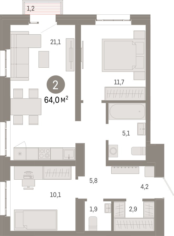 2-комнатная квартира с частичной отделкой, 64 м2, 11 этаж, сдача 3 квартал 2026 г., ЖК Квартал Метроном, корпус 1 - объявление 2358123 - фото №1
