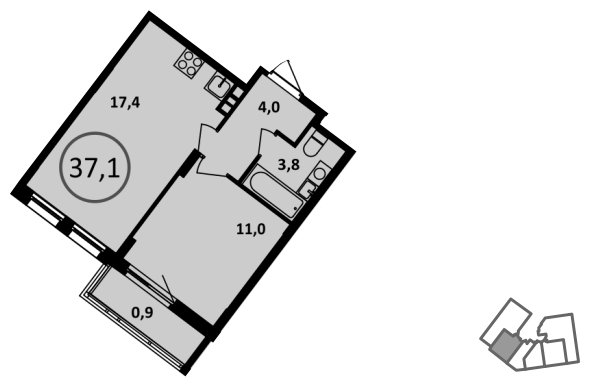 1-комнатная квартира без отделки, 37.1 м2, 3 этаж, дом сдан, ЖК Испанские кварталы, корпус 5.1 - объявление 1901202 - фото №1