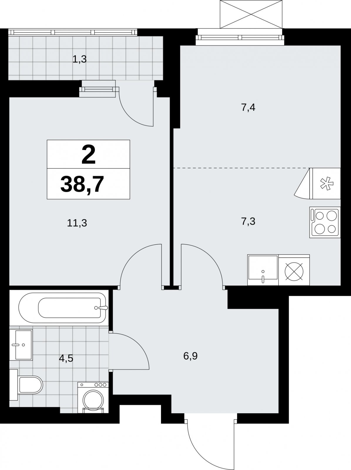 2-комнатная квартира (евро) без отделки, 38.7 м2, 12 этаж, сдача 2 квартал 2026 г., ЖК Дзен-кварталы, корпус 6.1.1 - объявление 2327199 - фото №1