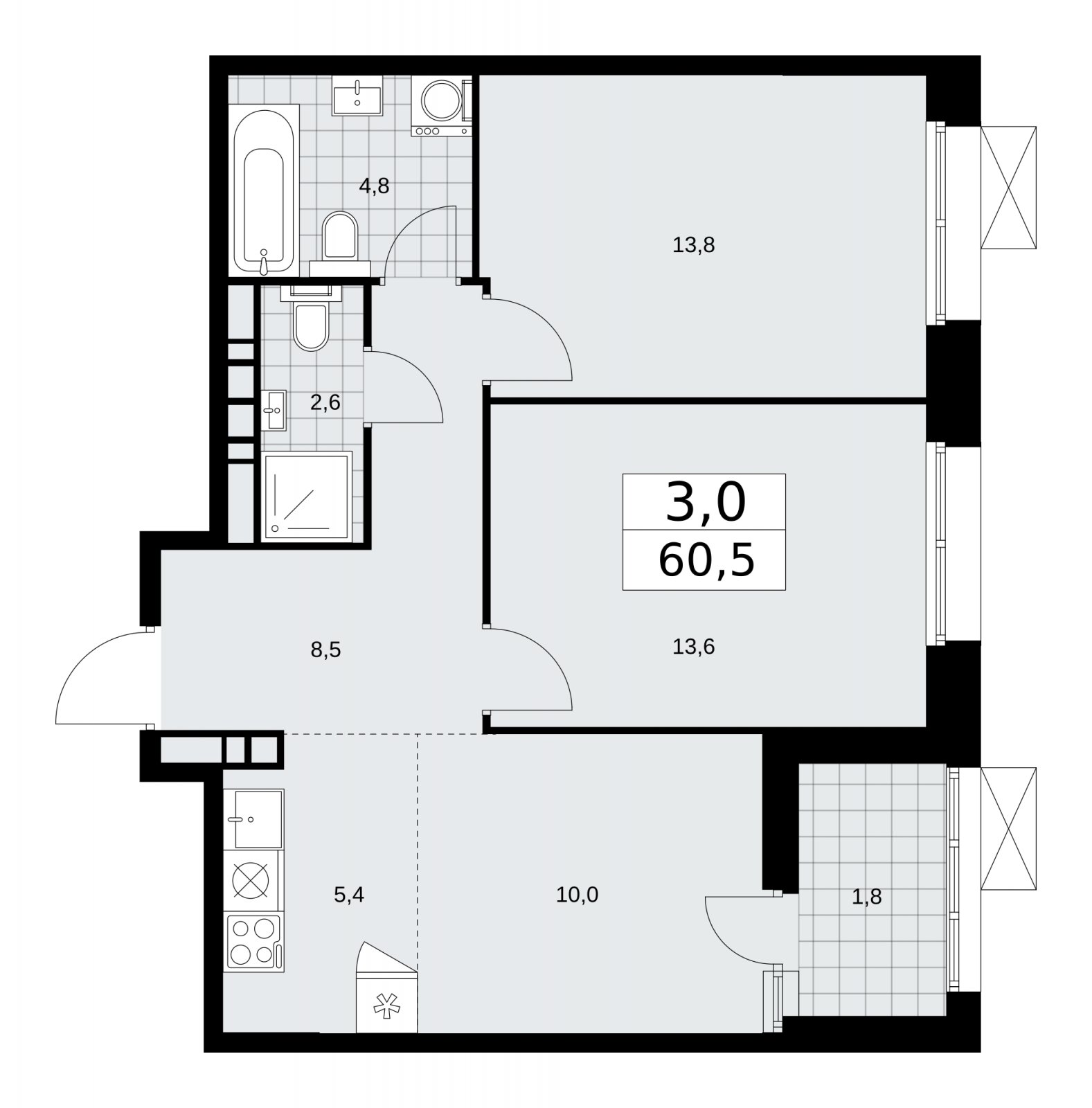 3-комнатная квартира (евро) с частичной отделкой, 60.5 м2, 18 этаж, сдача 1 квартал 2026 г., ЖК Бунинские кварталы, корпус 6.1 - объявление 2252504 - фото №1