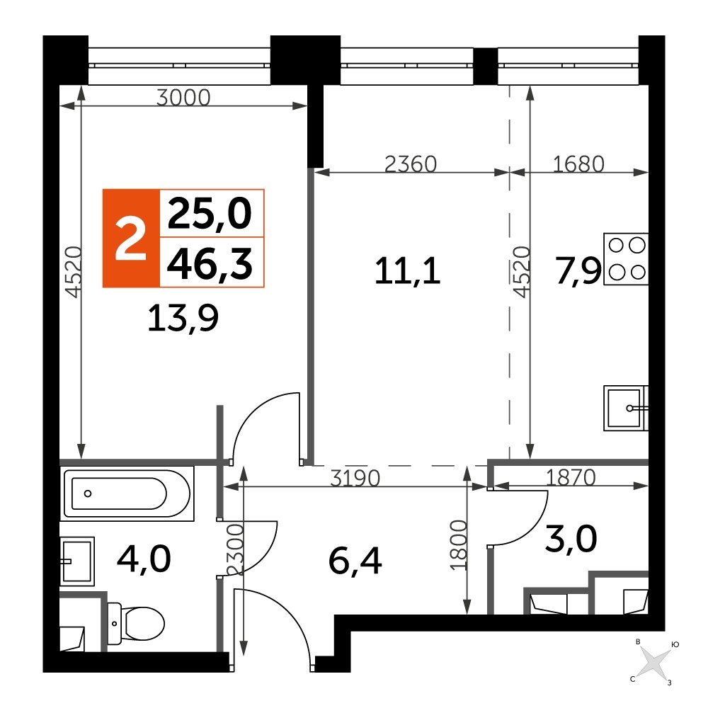 2-комнатная квартира с частичной отделкой, 46.3 м2, 21 этаж, дом сдан, ЖК Sydney City, корпус 2 - объявление 2216121 - фото №1