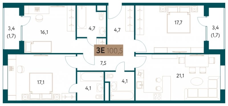3-комнатная квартира 100.5 м2, 3 этаж, сдача 4 квартал 2022 г., ЖК Настоящее, корпус 1 - объявление 1752057 - фото №1