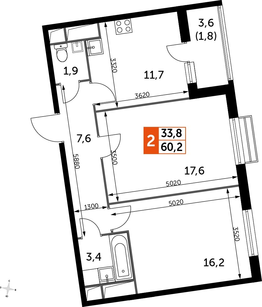 2-комнатная квартира без отделки, 60.2 м2, 4 этаж, дом сдан, ЖК UP-квартал Римский, корпус 7 - объявление 2208670 - фото №1