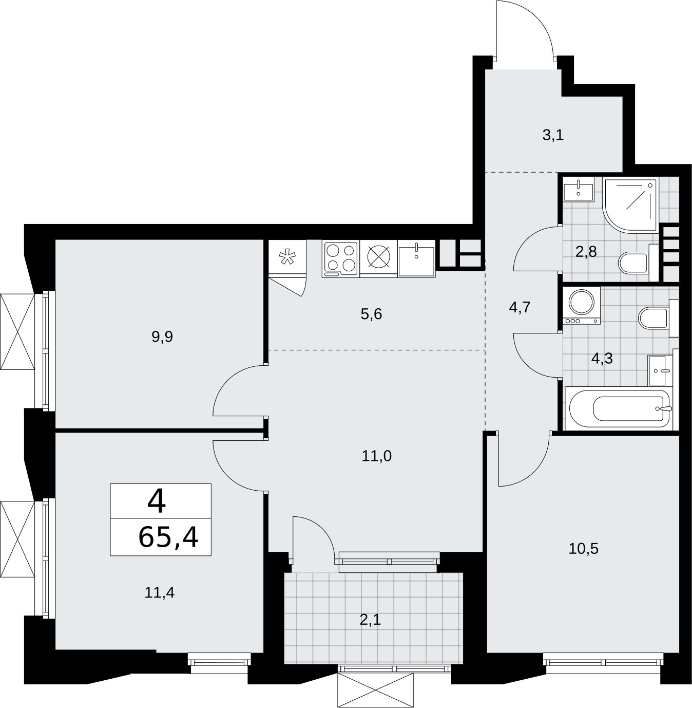 4-комнатная квартира (евро) без отделки, 65.4 м2, 5 этаж, сдача 2 квартал 2026 г., ЖК Бунинские кварталы, корпус 5.2 - объявление 2297340 - фото №1
