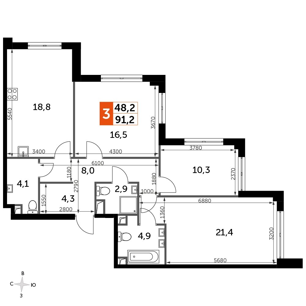 3-комнатная квартира без отделки, 91.3 м2, 41 этаж, сдача 3 квартал 2024 г., ЖК Sydney City, корпус 2.2 - объявление 2282954 - фото №1