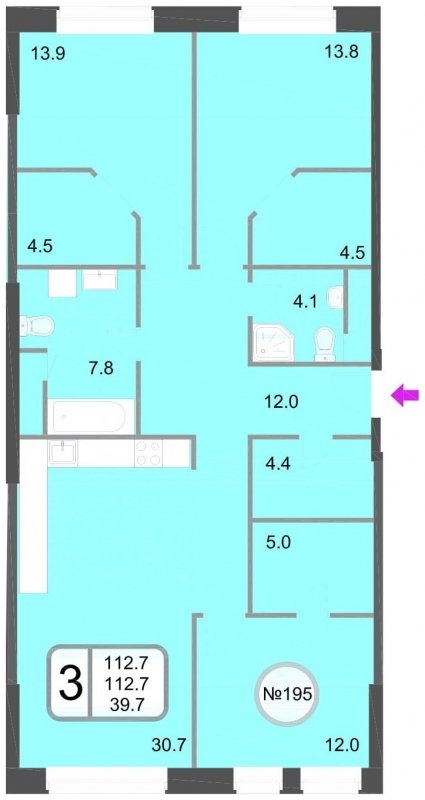 3-комнатная квартира без отделки, 112.7 м2, 3 этаж, дом сдан, ЖК Хорошевский, корпус 1 - объявление 1107056 - фото №1