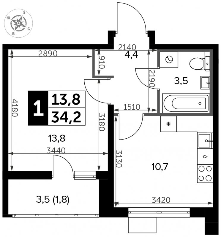 1-комнатная квартира с полной отделкой, 34.2 м2, 10 этаж, сдача 3 квартал 2023 г., ЖК Южная Битца, корпус 11 - объявление 1697519 - фото №1