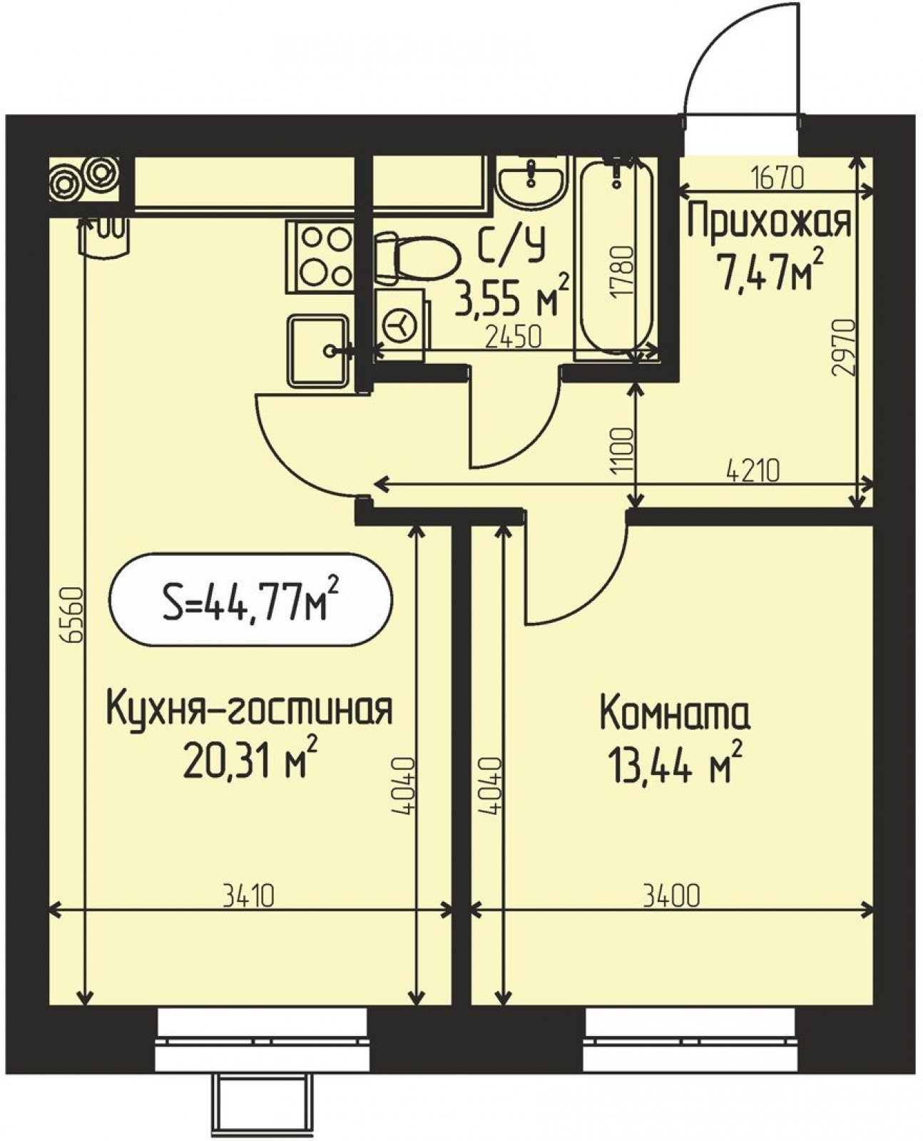 1-комнатная квартира с частичной отделкой, 44.77 м2, 2 этаж, сдача 4 квартал 2027 г., ЖК МЕЧТА, корпус 1 - объявление 2398367 - фото №1