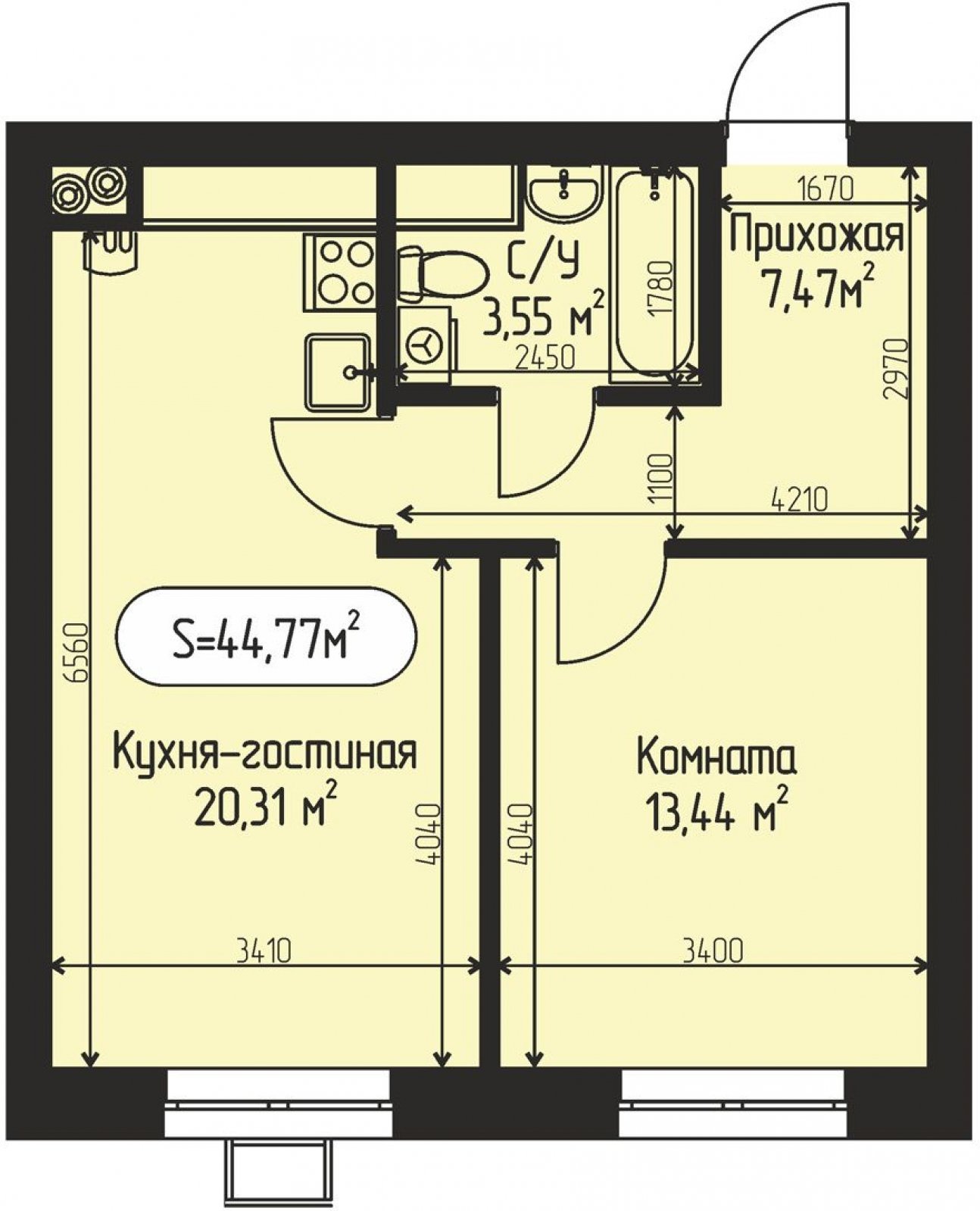 1-комнатная квартира без отделки, 44.77 м2, 1 этаж, сдача 4 квартал 2027 г., ЖК Мечта, квартал Дружба, корпус 1 - объявление 2408537 - фото №1