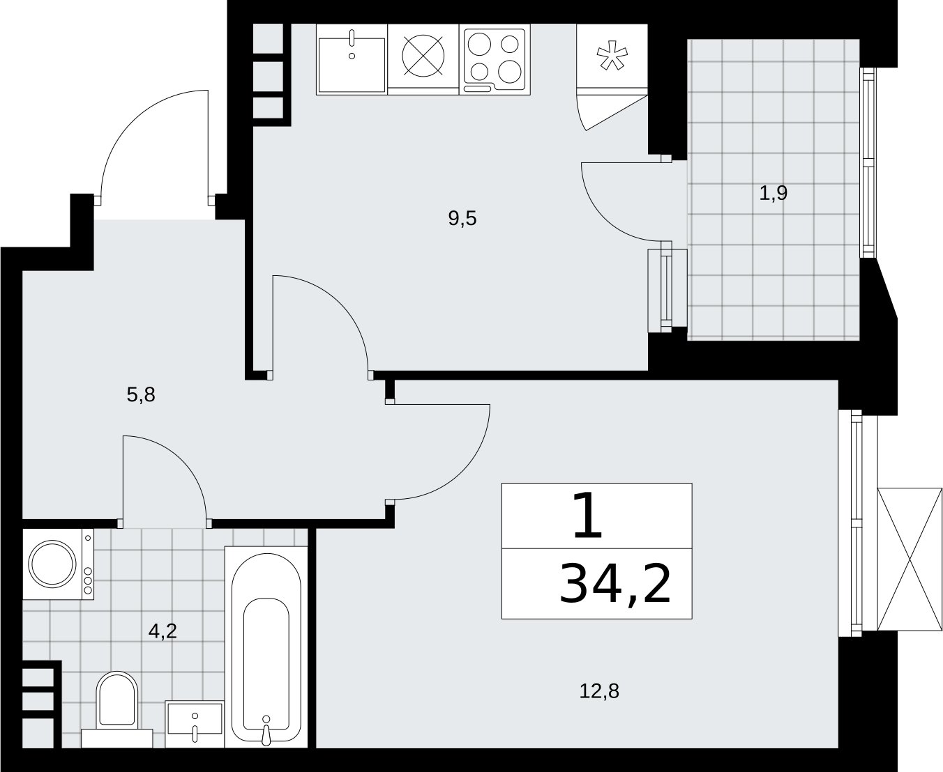 1-комнатная квартира без отделки, 34.2 м2, 9 этаж, сдача 2 квартал 2026 г., ЖК Бунинские кварталы, корпус 5.2 - объявление 2297371 - фото №1