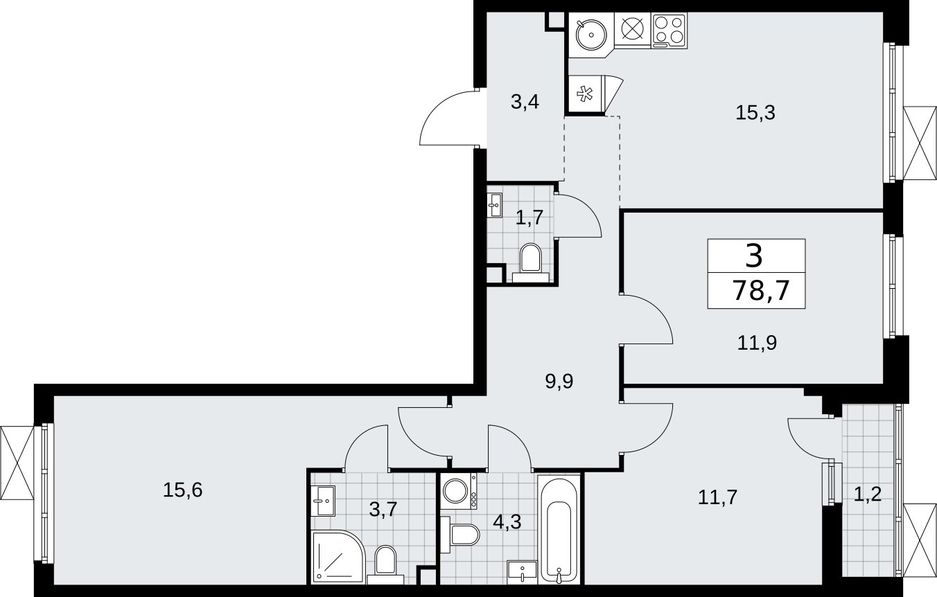 3-комнатная квартира без отделки, 78.7 м2, 2 этаж, сдача 2 квартал 2026 г., ЖК Бунинские кварталы, корпус 5.4 - объявление 2297762 - фото №1