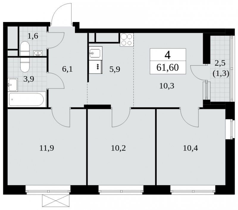 4-комнатная квартира (евро) с полной отделкой, 61.6 м2, 15 этаж, дом сдан, ЖК Прокшино, корпус 6.4 - объявление 1663161 - фото №1