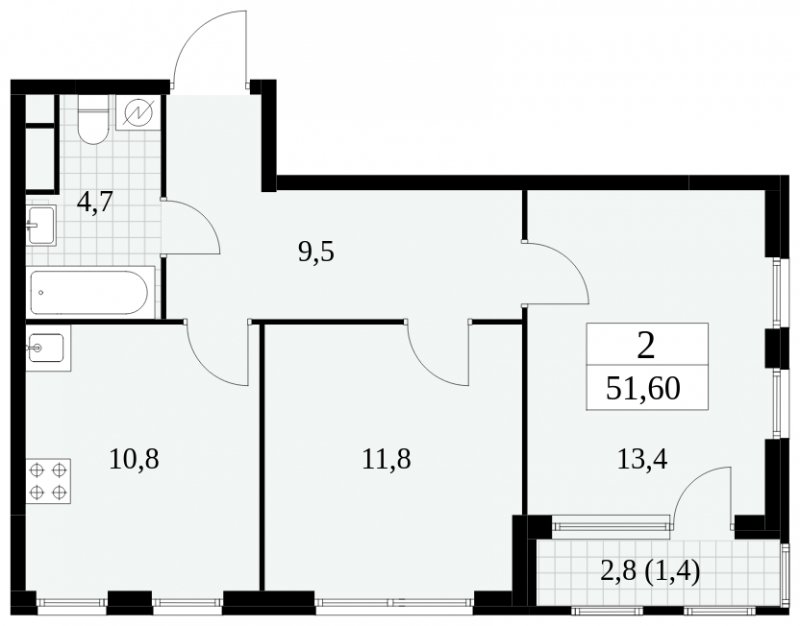 2-комнатная квартира без отделки, 51.6 м2, 16 этаж, сдача 2 квартал 2025 г., ЖК Южные сады, корпус 2.4 - объявление 1760349 - фото №1