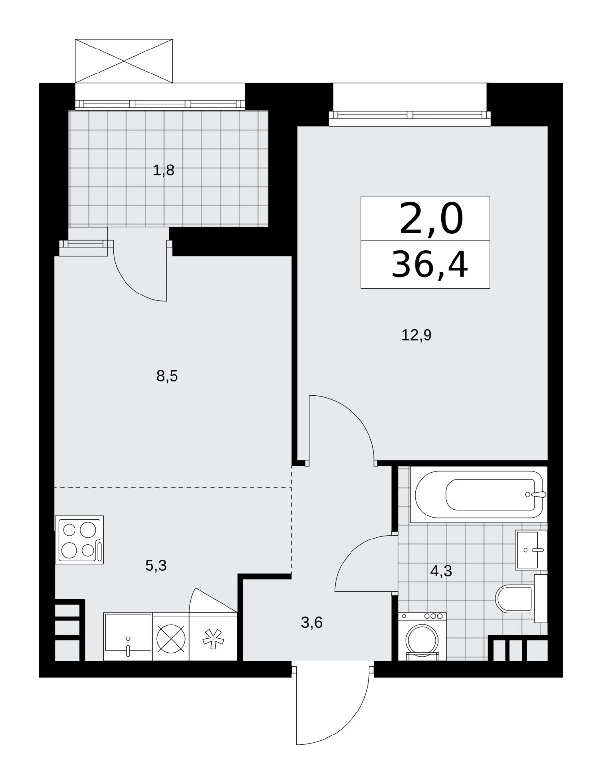 2-комнатная квартира (евро) без отделки, 36.4 м2, 5 этаж, сдача 4 квартал 2025 г., ЖК Бунинские кварталы, корпус 6.5 - объявление 2252770 - фото №1