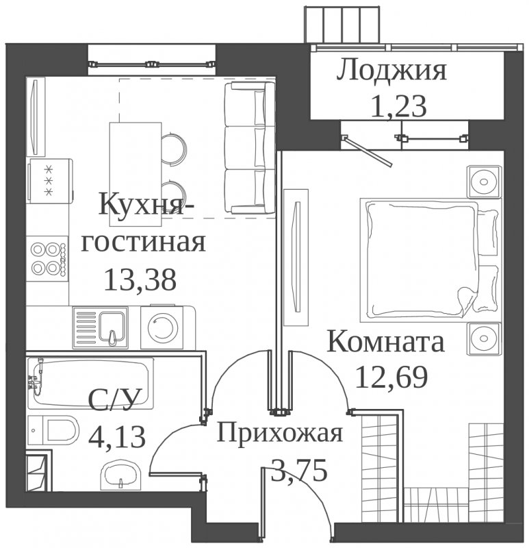 2-комнатная квартира (евро) с частичной отделкой, 35.18 м2, 2 этаж, сдача 2 квартал 2023 г., ЖК Аквилон Митино, корпус 4 - объявление 1686390 - фото №1