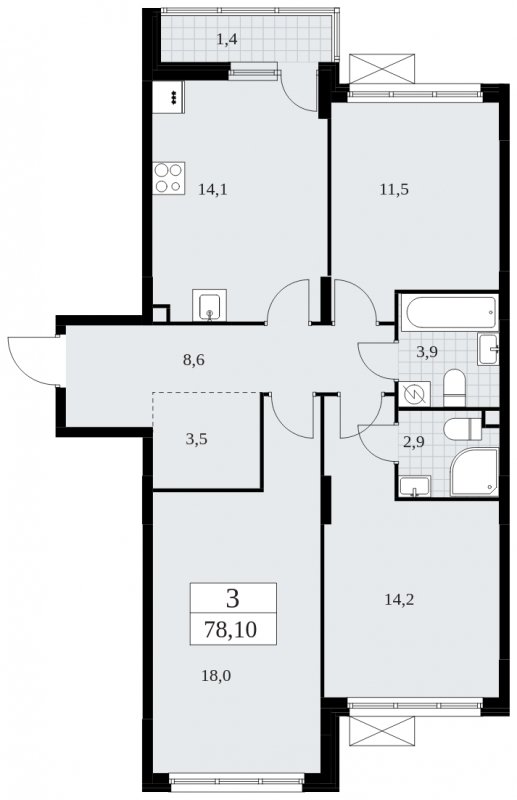3-комнатная квартира без отделки, 78.1 м2, 2 этаж, сдача 4 квартал 2024 г., ЖК Скандинавия, корпус 35.2.2 - объявление 1840972 - фото №1