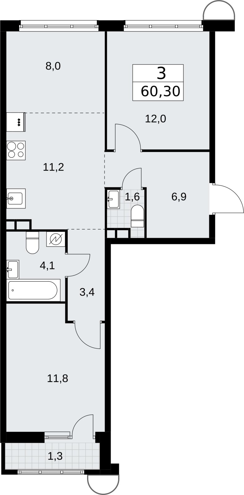 3-комнатная квартира (евро) с полной отделкой, 60.3 м2, 3 этаж, сдача 4 квартал 2026 г., ЖК Родные кварталы, корпус 3.2 - объявление 2378371 - фото №1