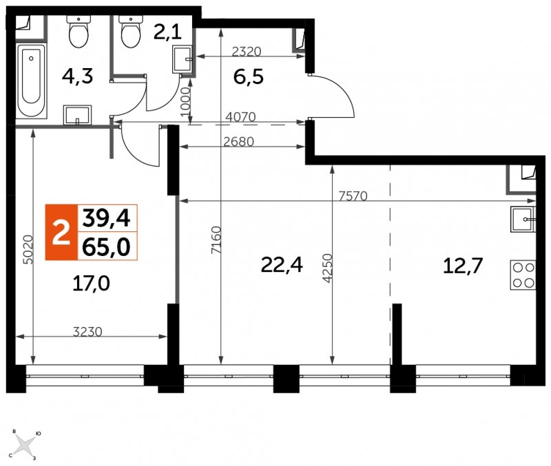 2-комнатная квартира без отделки, 65 м2, 37 этаж, сдача 1 квартал 2023 г., ЖК Sydney City, корпус 3 - объявление 1568992 - фото №1