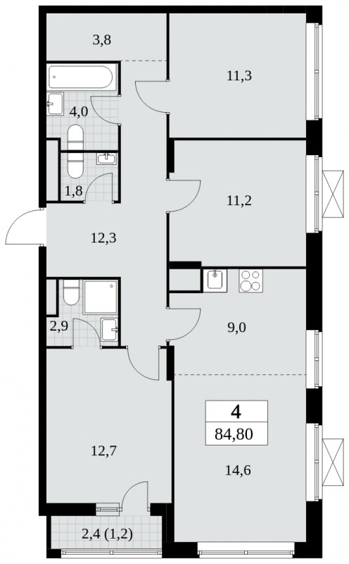 4-комнатная квартира (евро) с полной отделкой, 84.8 м2, 10 этаж, сдача 3 квартал 2024 г., ЖК Прокшино, корпус 8.1 - объявление 1683540 - фото №1