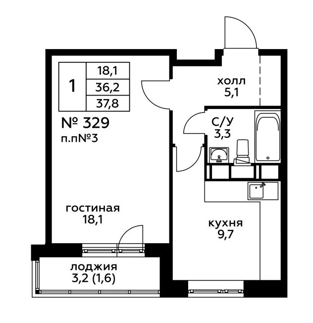 1-комнатная квартира без отделки, 37.8 м2, 14 этаж, сдача 3 квартал 2022 г., ЖК Новоград Павлино, корпус 21 - объявление 1526641 - фото №1