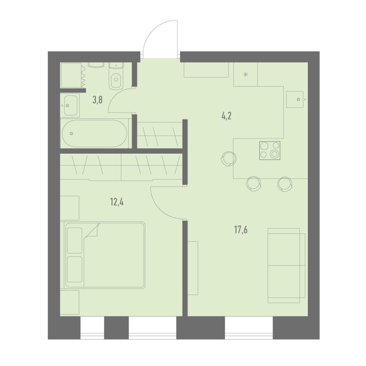 1-комнатная квартира с частичной отделкой, 38.1 м2, 4 этаж, дом сдан, ЖК Кварталы 21/19, корпус 20 - объявление 2025243 - фото №1
