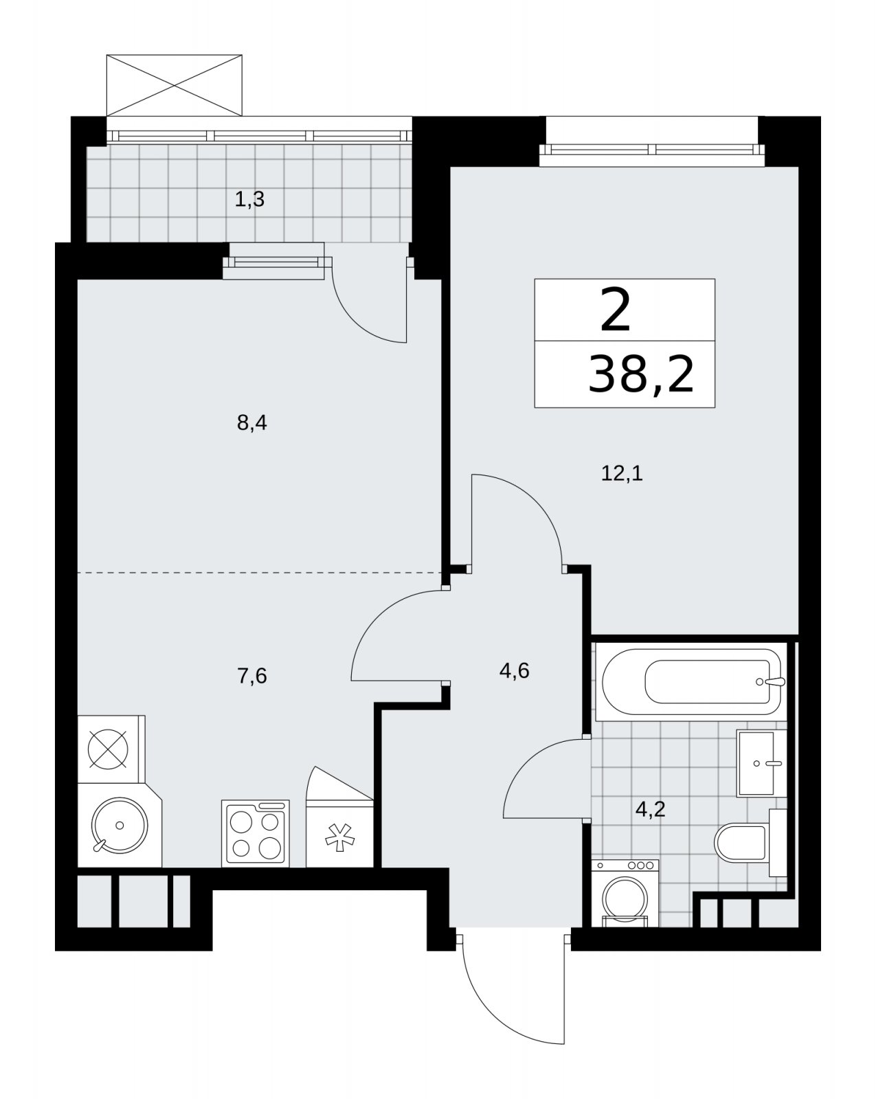 2-комнатная квартира (евро) без отделки, 38.2 м2, 7 этаж, сдача 2 квартал 2026 г., ЖК Скандинавия, корпус 25.5 - объявление 2283645 - фото №1