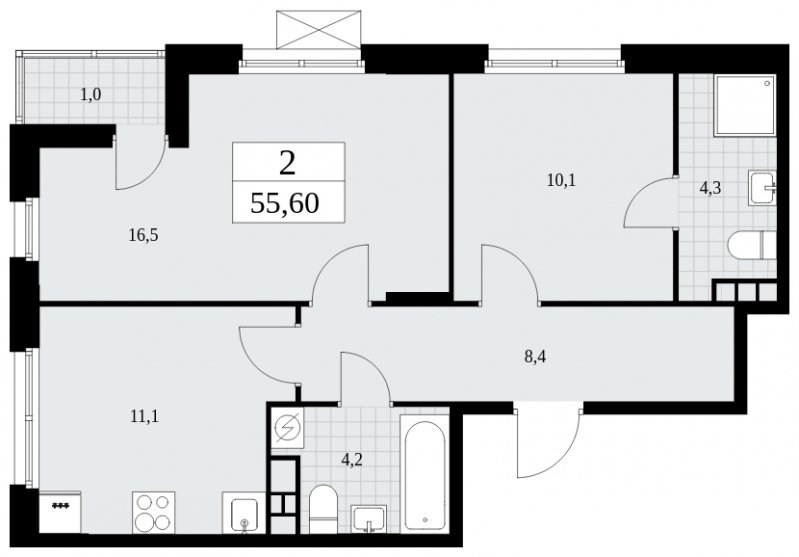 2-комнатная квартира с частичной отделкой, 55.6 м2, 7 этаж, сдача 1 квартал 2025 г., ЖК Бунинские кварталы, корпус 2.1 - объявление 1882326 - фото №1