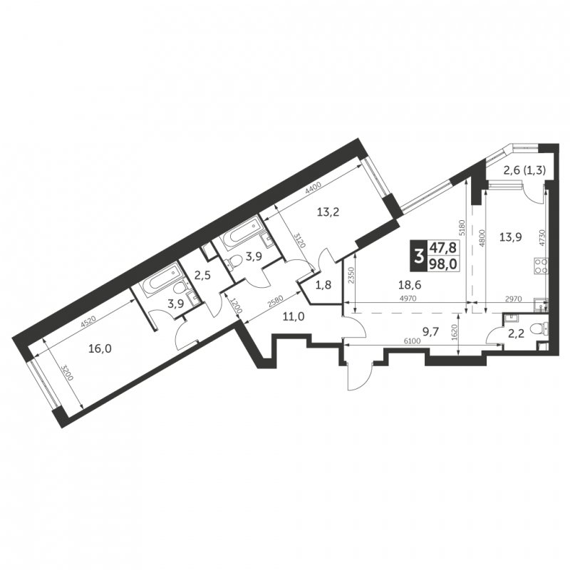 3-комнатная квартира (евро) с частичной отделкой, 98 м2, 7 этаж, сдача 4 квартал 2023 г., ЖК Архитектор, корпус 3 - объявление 1566105 - фото №1